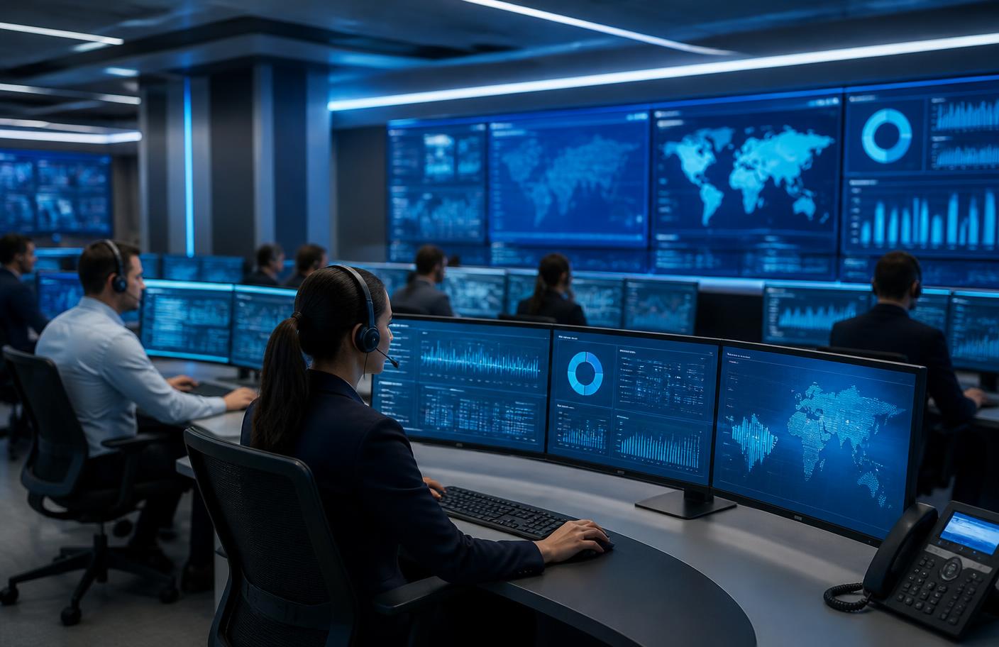 Central de monitoramento moderna com profissionais acompanhando chamados