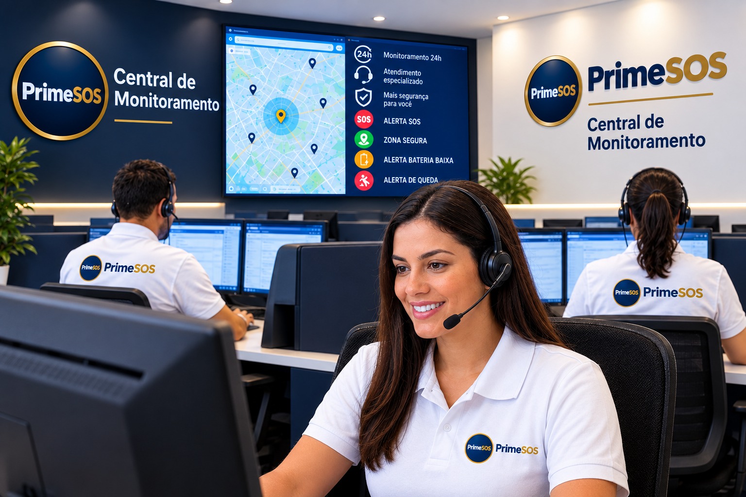 Central de monitoramento moderna com profissionais acompanhando chamados